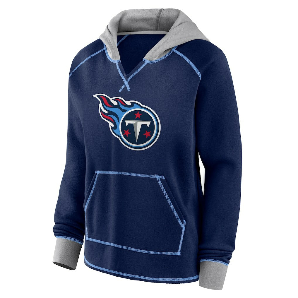 Tennessee Titans Logo Athletic Women's Boom Fleece Pullover V-Neck Hoodie Navy - NFL