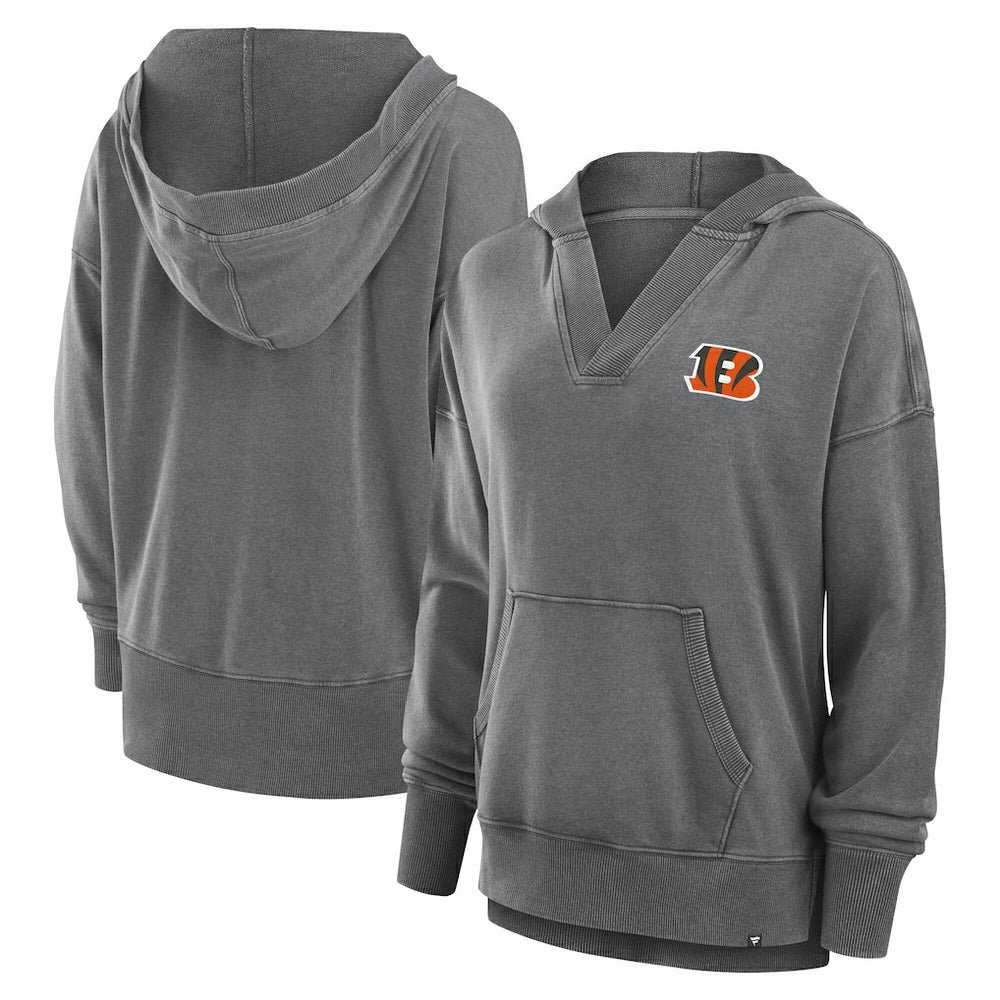 Cincinnati Bengals Women's Initiative Snow Wash French Terry V-Neck Pullover Hoodie Heather Charcoal - Fanatics