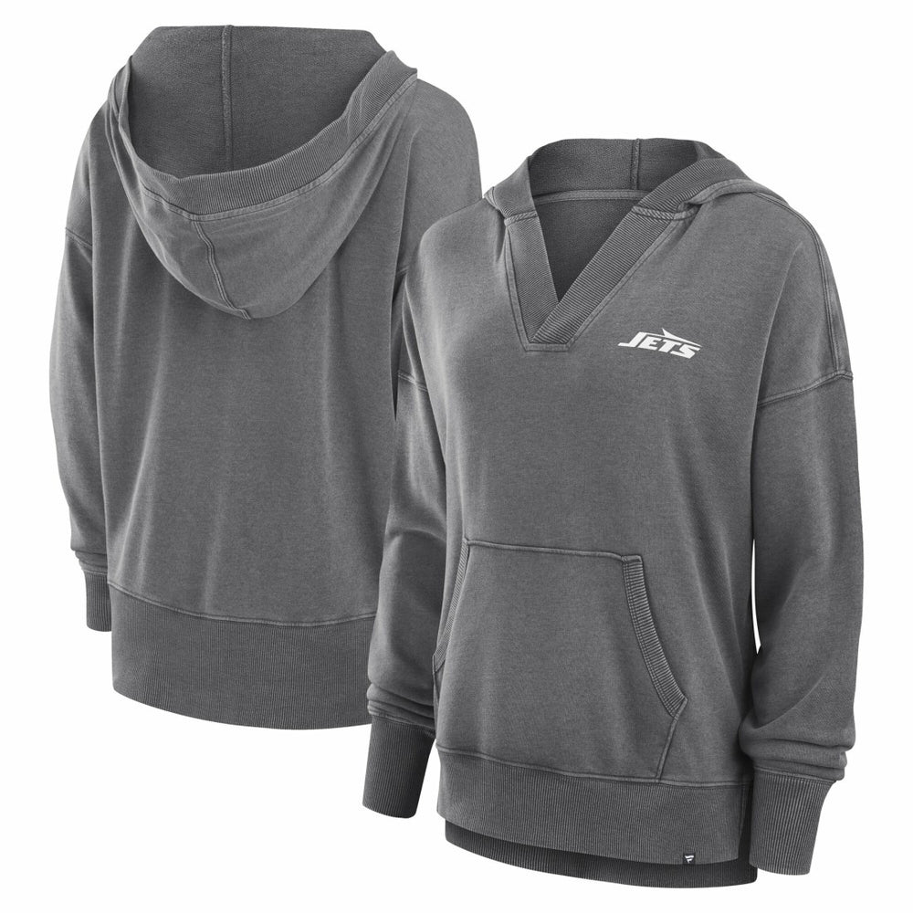 New York Jets Women's Initiative Snow Wash French Terry V-Neck Pullover Hoodie Heather Charcoal - Fanatics