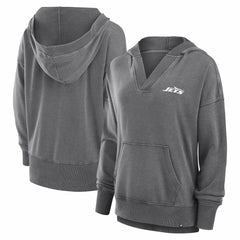 New York Jets Women's Initiative Snow Wash French Terry V-Neck Pullover Hoodie Heather Charcoal - Fanatics