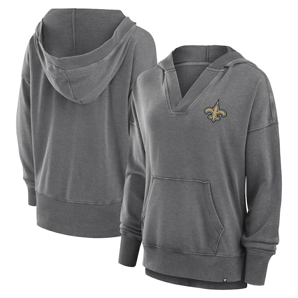 New Orleans Saints Women's Initiative Snow Wash French Terry V-Neck Pullover Hoodie Heather Charcoal - Fanatics