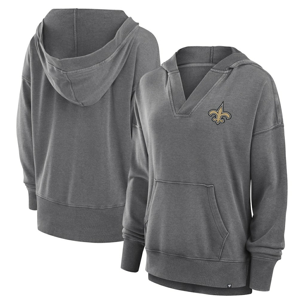 New Orleans Saints Women's Initiative Snow Wash French Terry V-Neck Pullover Hoodie Heather Charcoal - Fanatics
