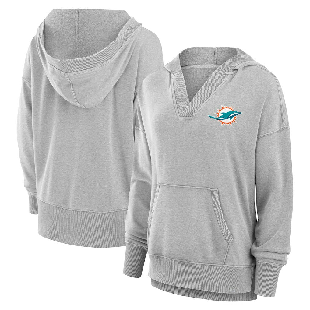 Miami Dolphins Women's Initiative Snow Wash French Terry V-Neck Pullover Hoodie Heather Gray - Fanatics