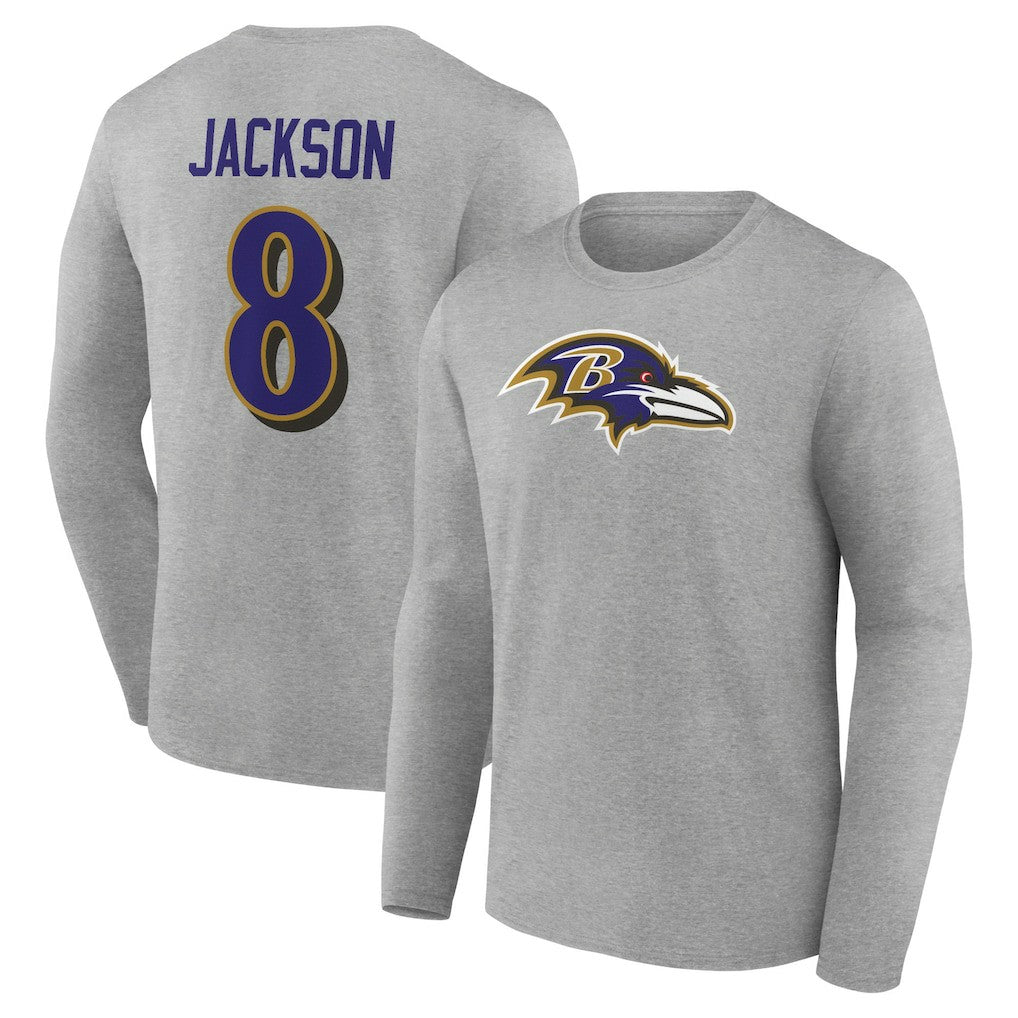 Lamar Jackson Baltimore Ravens Icon Player Name & Number Long Sleeve T-Shirt Gray - NFL