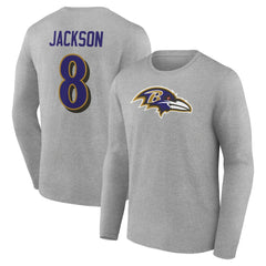 Lamar Jackson Baltimore Ravens Icon Player Name & Number Long Sleeve T-Shirt Gray - NFL