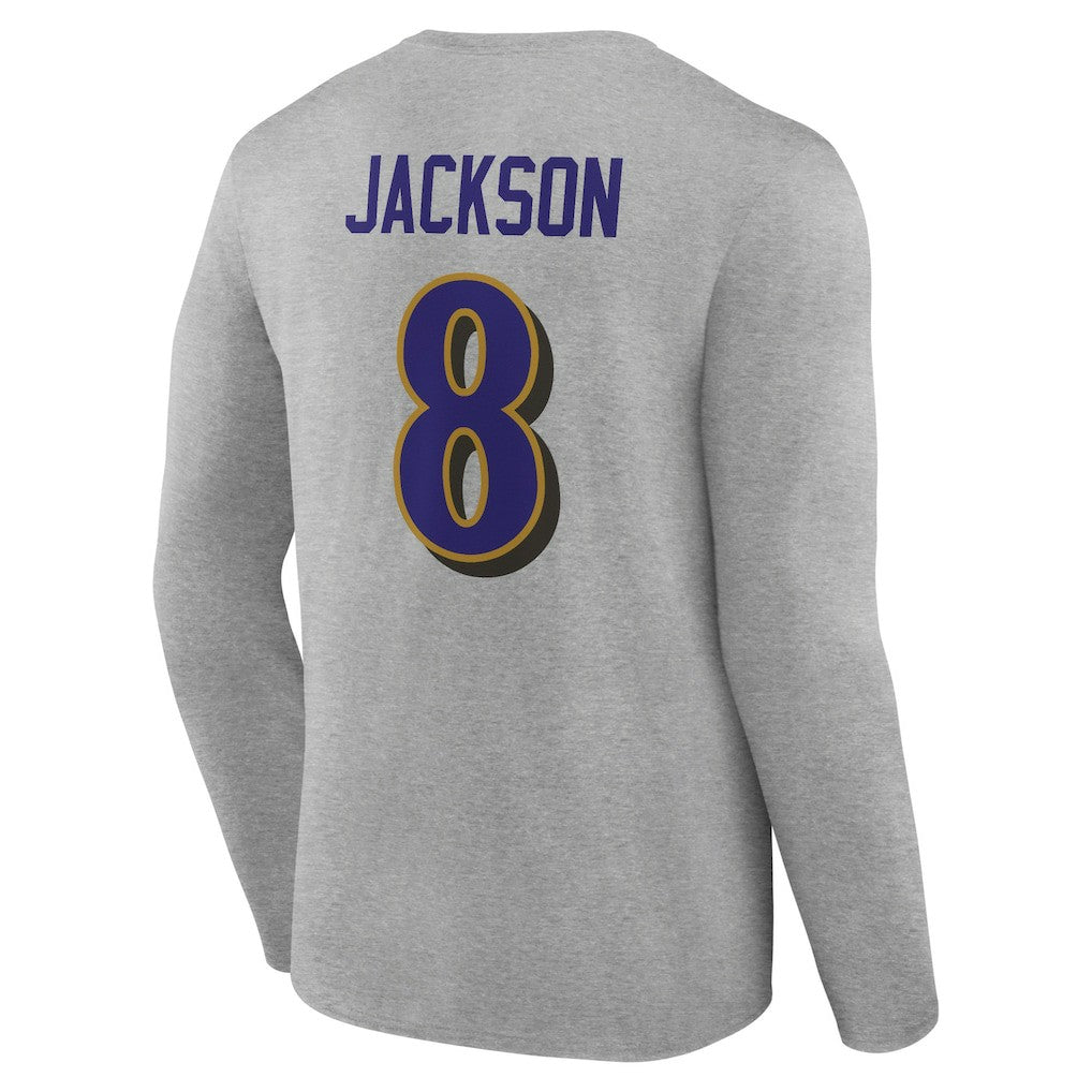 Lamar Jackson Baltimore Ravens Icon Player Name & Number Long Sleeve T-Shirt Gray - NFL