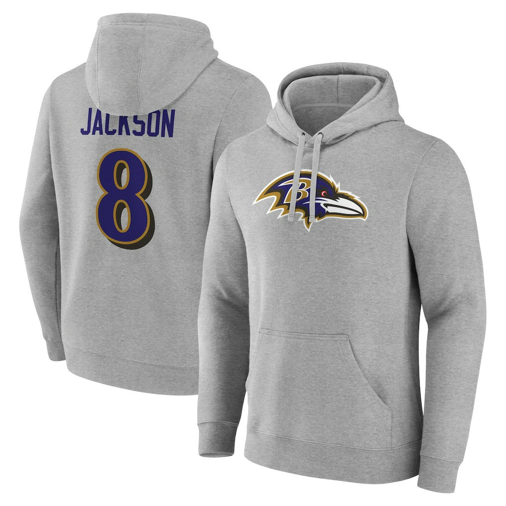 Lamar Jackson Baltimore Ravens Icon Player Name & Number Pullover Hoodie Gray - NFL