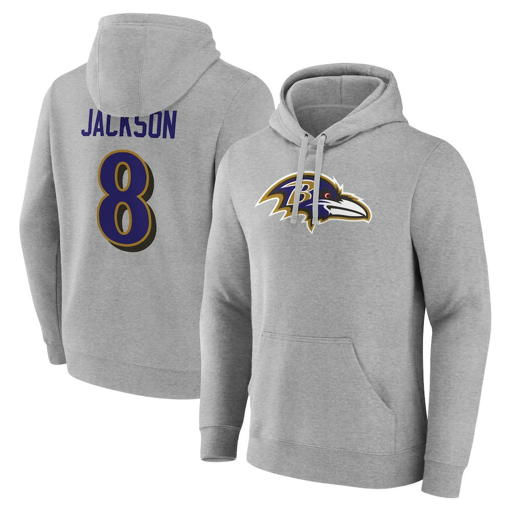 Lamar Jackson Baltimore Ravens Icon Player Name & Number Pullover Hoodie Gray - NFL
