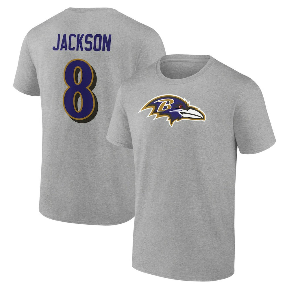 Lamar Jackson Baltimore Ravens Icon Player Name & Number T-Shirt Gray - NFL