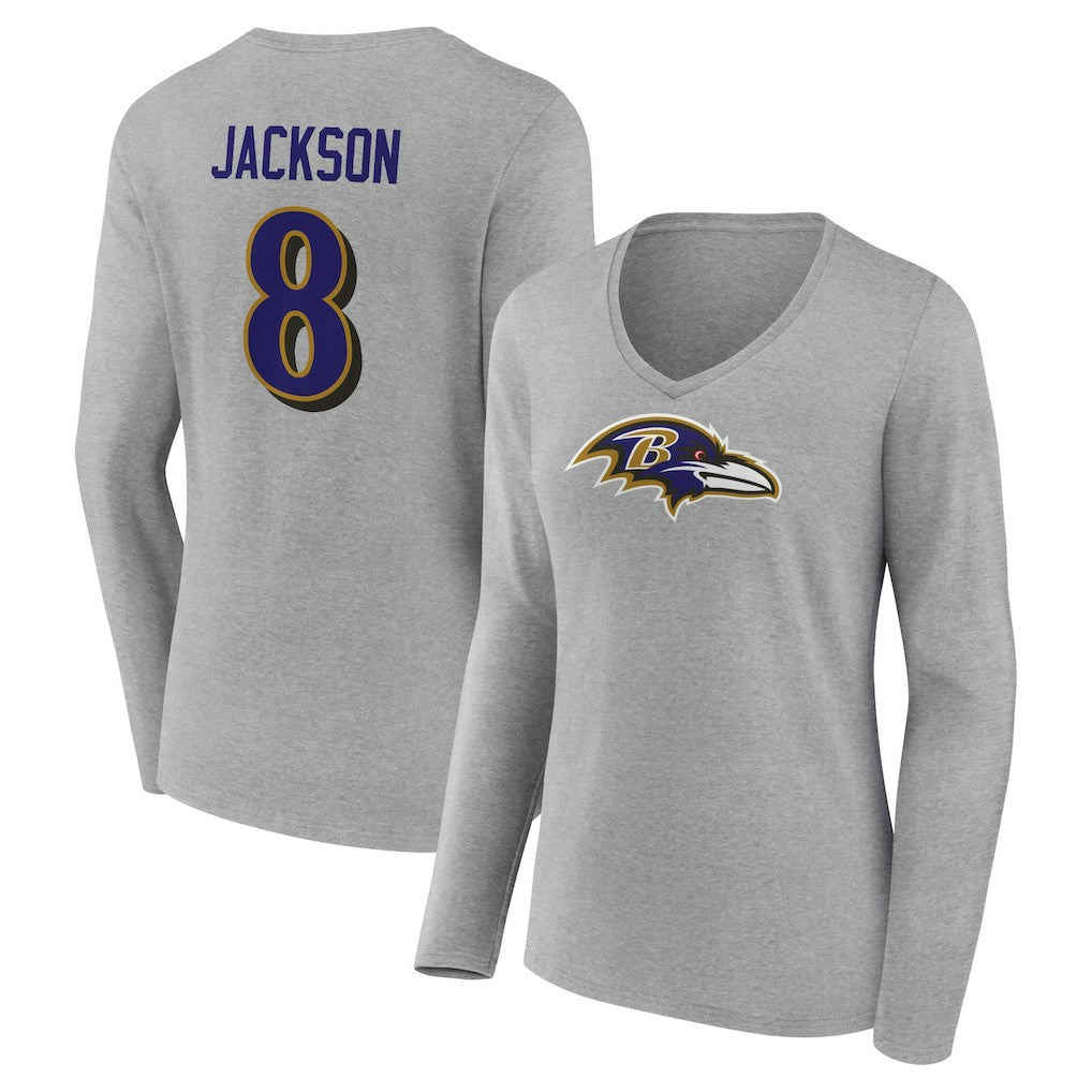 Lamar Jackson Baltimore Ravens Women's Icon Player Name & Number Long Sleeve V-Neck T-Shirt Gray - NFL