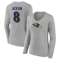Lamar Jackson Baltimore Ravens Women's Icon Player Name & Number Long Sleeve V-Neck T-Shirt Gray - NFL