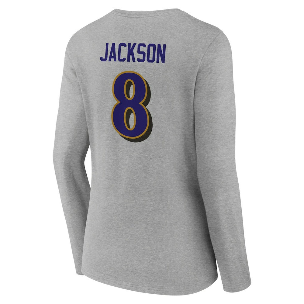 Lamar Jackson Baltimore Ravens Women's Icon Player Name & Number Long Sleeve V-Neck T-Shirt Gray - NFL