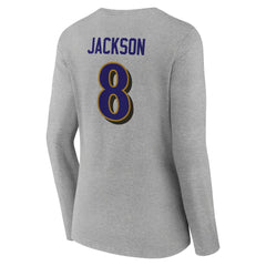Lamar Jackson Baltimore Ravens Women's Icon Player Name & Number Long Sleeve V-Neck T-Shirt Gray - NFL