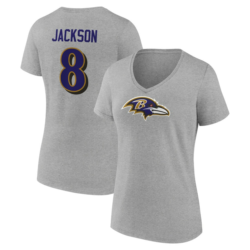 Lamar Jackson Baltimore Ravens Women's Icon Player Name & Number V-Neck T-Shirt Gray - NFL