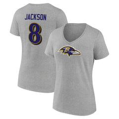 Lamar Jackson Baltimore Ravens Women's Icon Player Name & Number V-Neck T-Shirt Gray - NFL