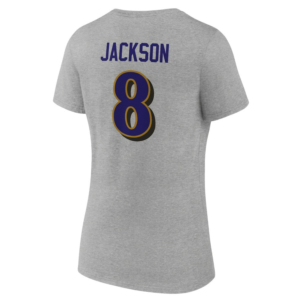 Lamar Jackson Baltimore Ravens Women's Icon Player Name & Number V-Neck T-Shirt Gray - NFL