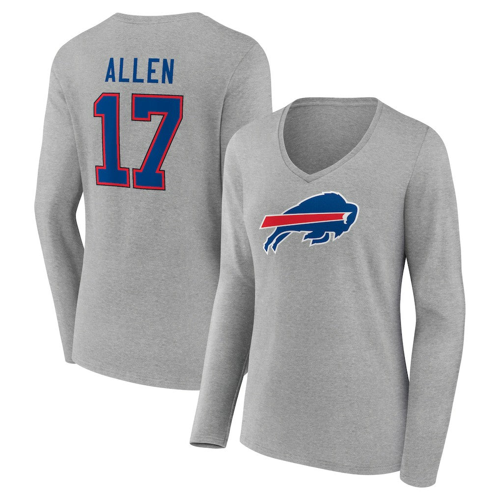 Josh Allen Buffalo Bills Women's Icon Player Name & Number Long Sleeve V-Neck T-Shirt Gray - NFL