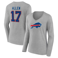 Josh Allen Buffalo Bills Women's Icon Player Name & Number Long Sleeve V-Neck T-Shirt Gray - NFL
