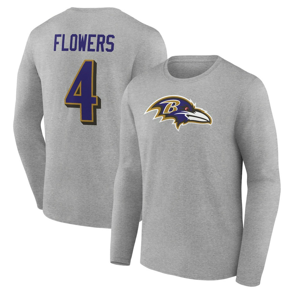 Zay Flowers Baltimore Ravens Icon Player Name & Number Long Sleeve T-Shirt Gray - NFL