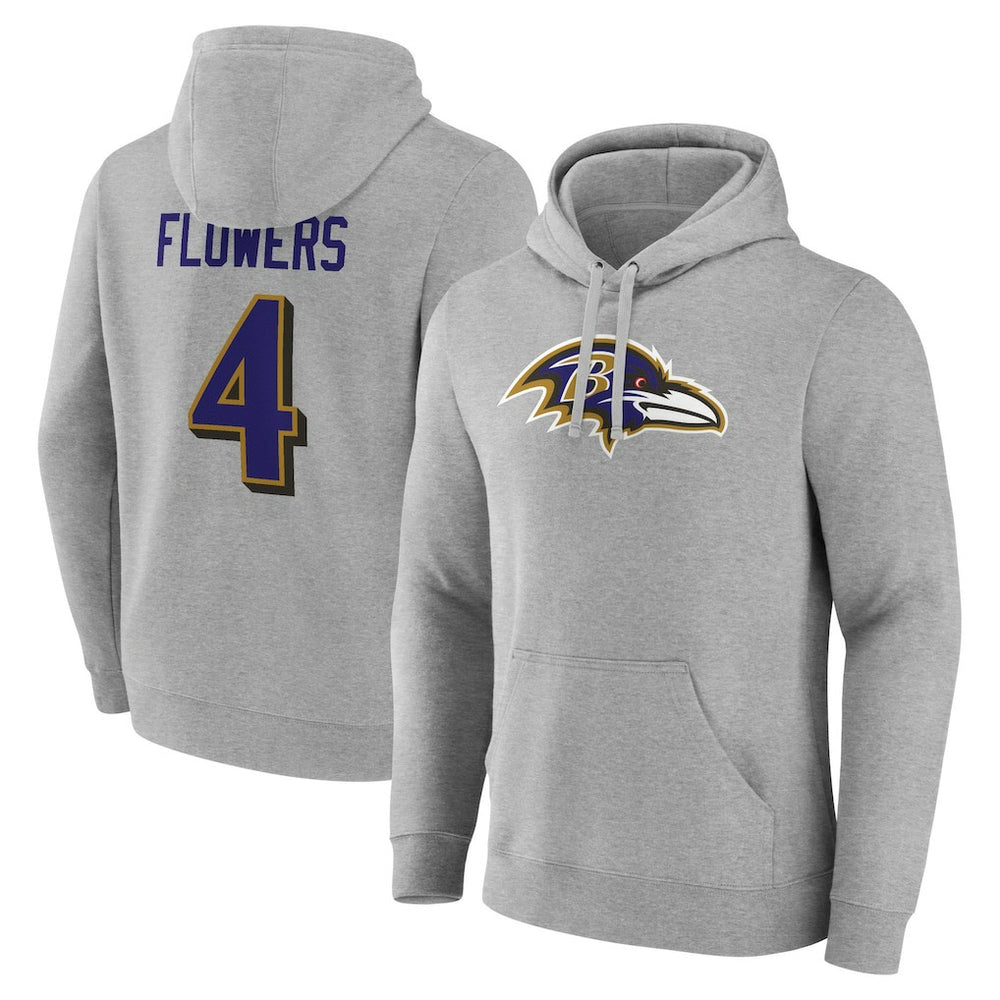 Zay Flowers Baltimore Ravens Icon Player Name & Number Pullover Hoodie Gray - NFL