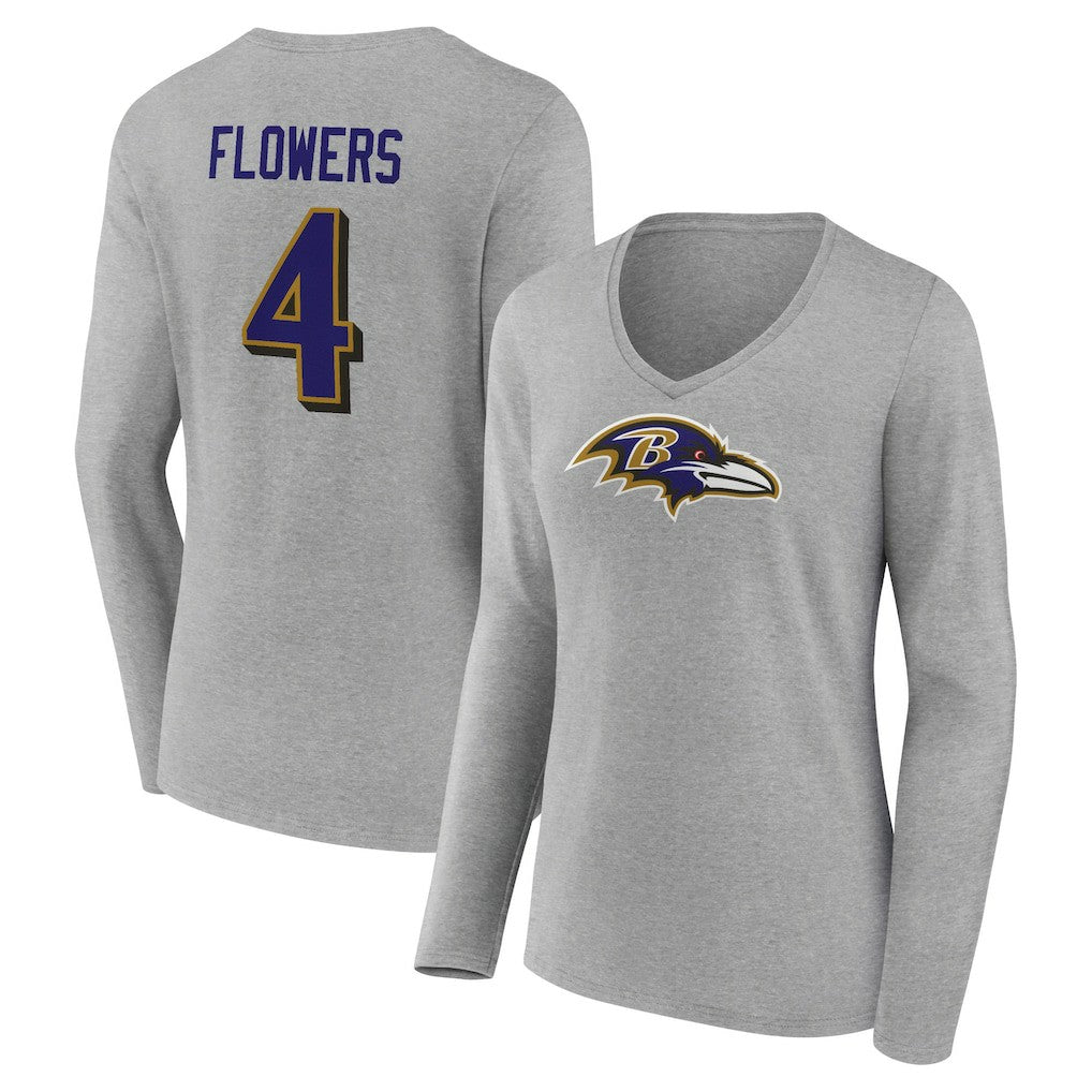 Zay Flowers Baltimore Ravens Women's Icon Player Name & Number Long Sleeve V-Neck T-Shirt Gray - NFL