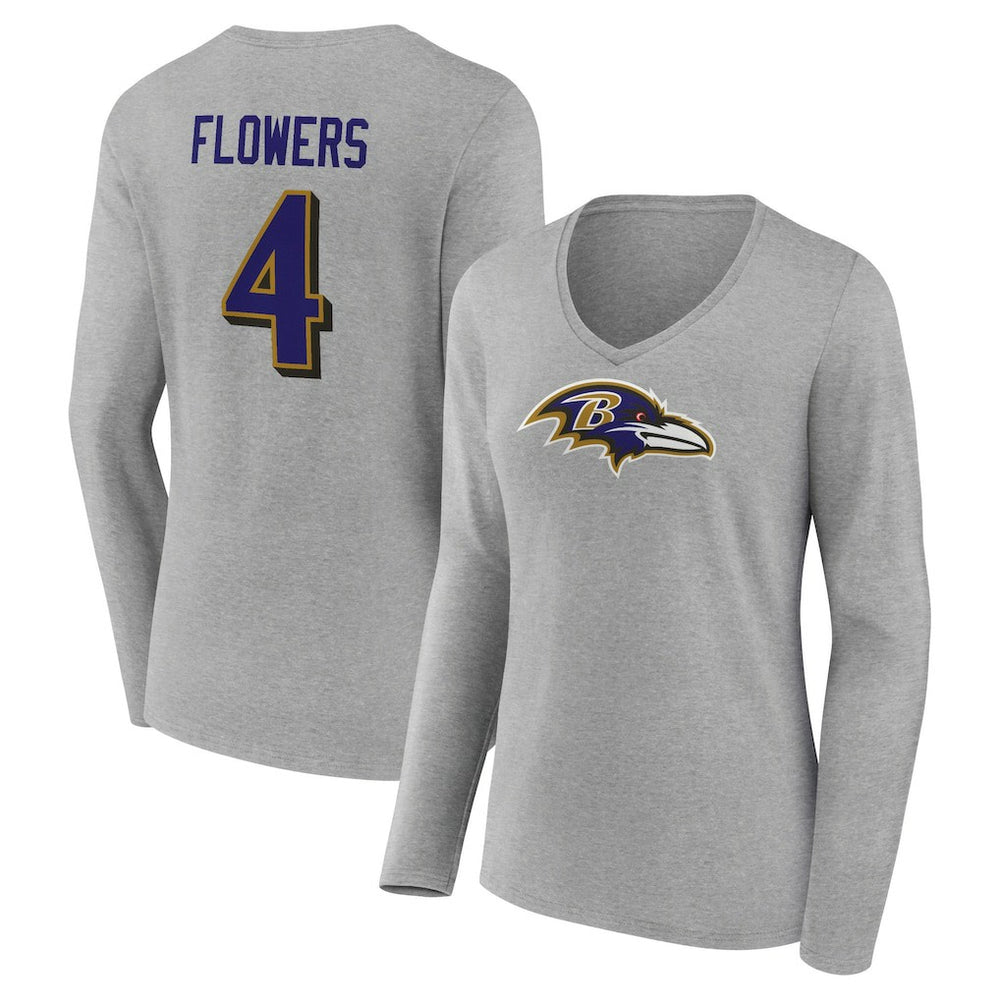 Zay Flowers Baltimore Ravens Women's Icon Player Name & Number Long Sleeve V-Neck T-Shirt Gray - NFL