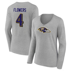 Zay Flowers Baltimore Ravens Women's Icon Player Name & Number Long Sleeve V-Neck T-Shirt Gray - NFL