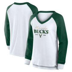 Fanatics - Milwaukee Bucks Women's Open Lane Waffle Long Sleeve V-Neck T-Shirt - White