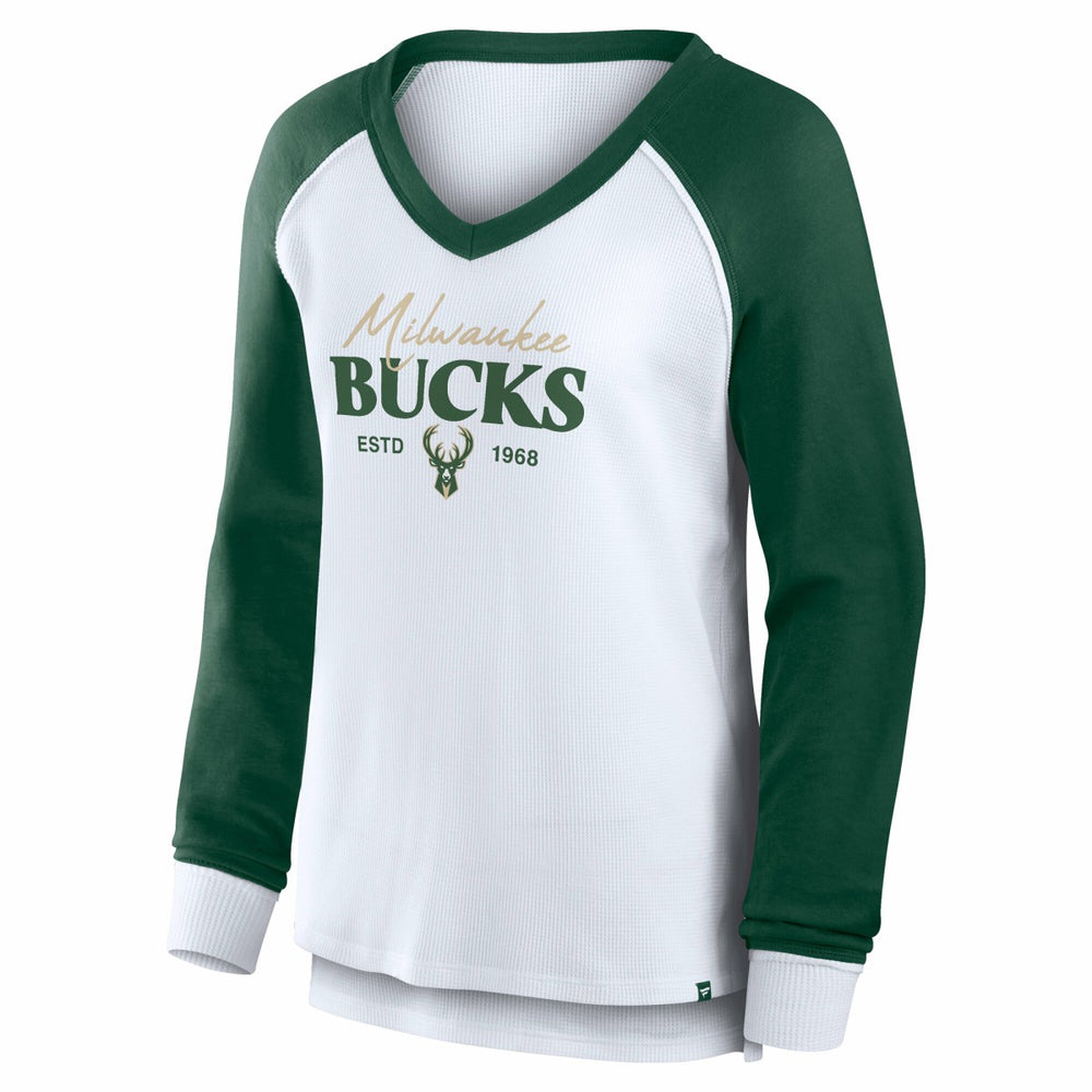 Fanatics - Milwaukee Bucks Women's Open Lane Waffle Long Sleeve V-Neck T-Shirt - White