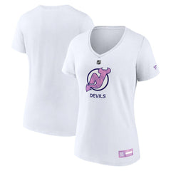 New Jersey Devils - Fanatics Women's 2024 Hockey Fights Cancer V-Neck T-Shirt White