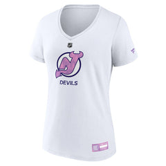 New Jersey Devils - Fanatics Women's 2024 Hockey Fights Cancer V-Neck T-Shirt White