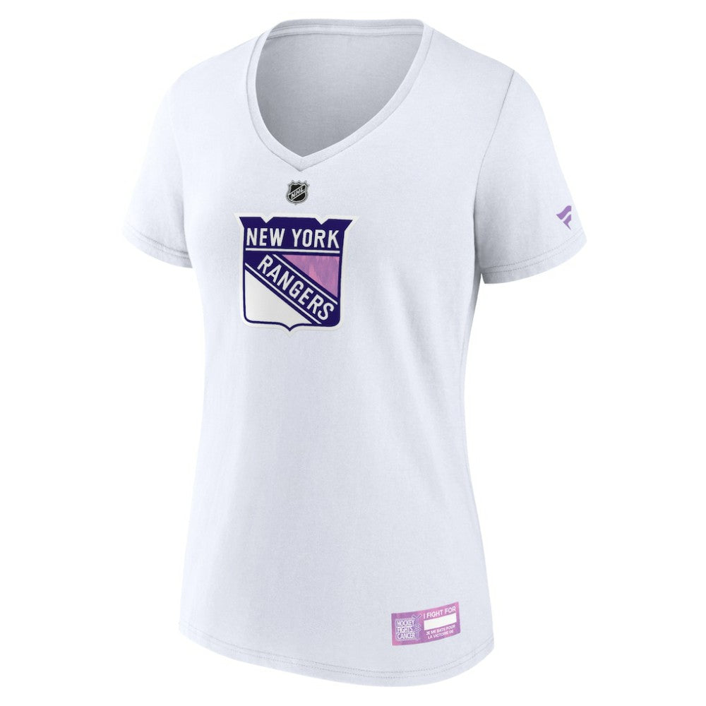 New York Rangers Fanatics Women's 2024 Hockey Fights Cancer V-Neck T-Shirt White