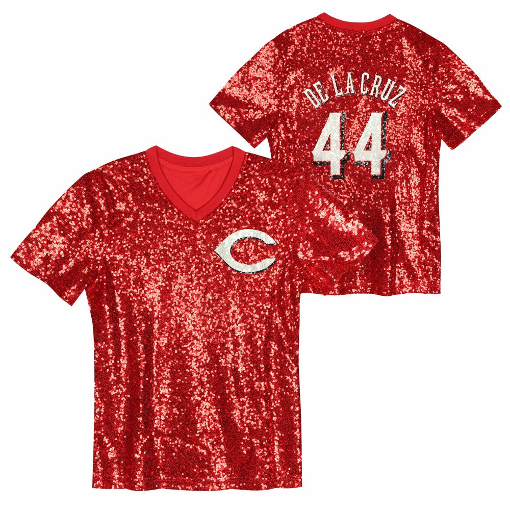 Elly De La Cruz Cincinnati Reds Juniors Name & Number Sequin V-Neck Top Lifestyle