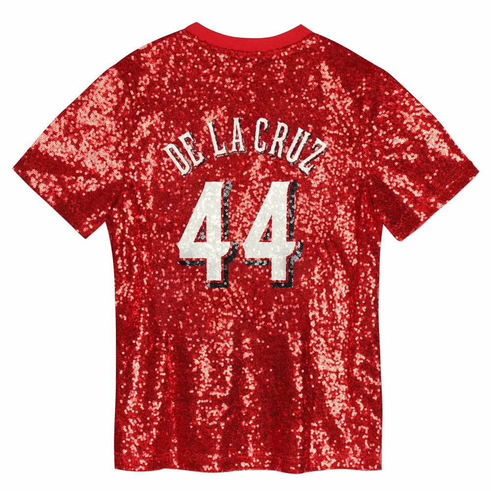 Elly De La Cruz Cincinnati Reds Juniors Name & Number Sequin V-Neck Top Lifestyle