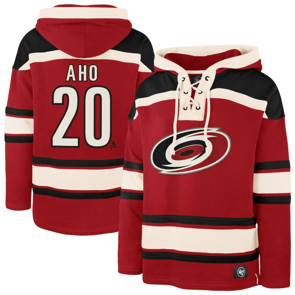 Sebastian Aho Carolina Hurricanes - '47 Player Name & Number Lacer Pullover Hoodie Red