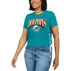 Miami Dolphins WEAR by Erin Andrews Women's Lace Up Side Modest Cropped T-Shirt Aqua - NFL
