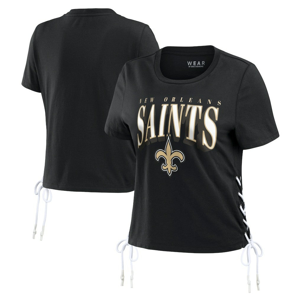 New Orleans Saints WEAR by Erin Andrews Women's Lace Up Side Modest Cropped T-Shirt Black - NFL