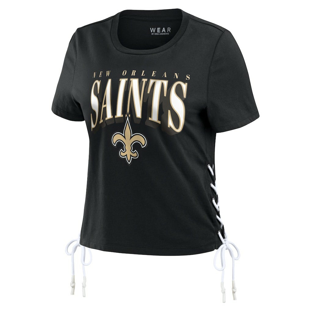 New Orleans Saints WEAR by Erin Andrews Women's Lace Up Side Modest Cropped T-Shirt Black - NFL