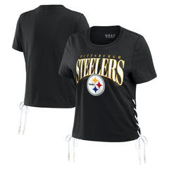 Pittsburgh Steelers WEAR by Erin Andrews Women's Lace Up Side Modest Cropped T-Shirt Black - NFL