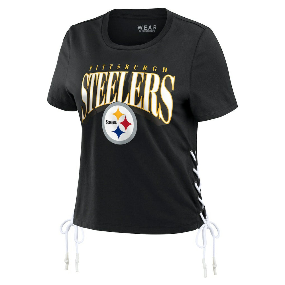 Pittsburgh Steelers WEAR by Erin Andrews Women's Lace Up Side Modest Cropped T-Shirt Black - NFL