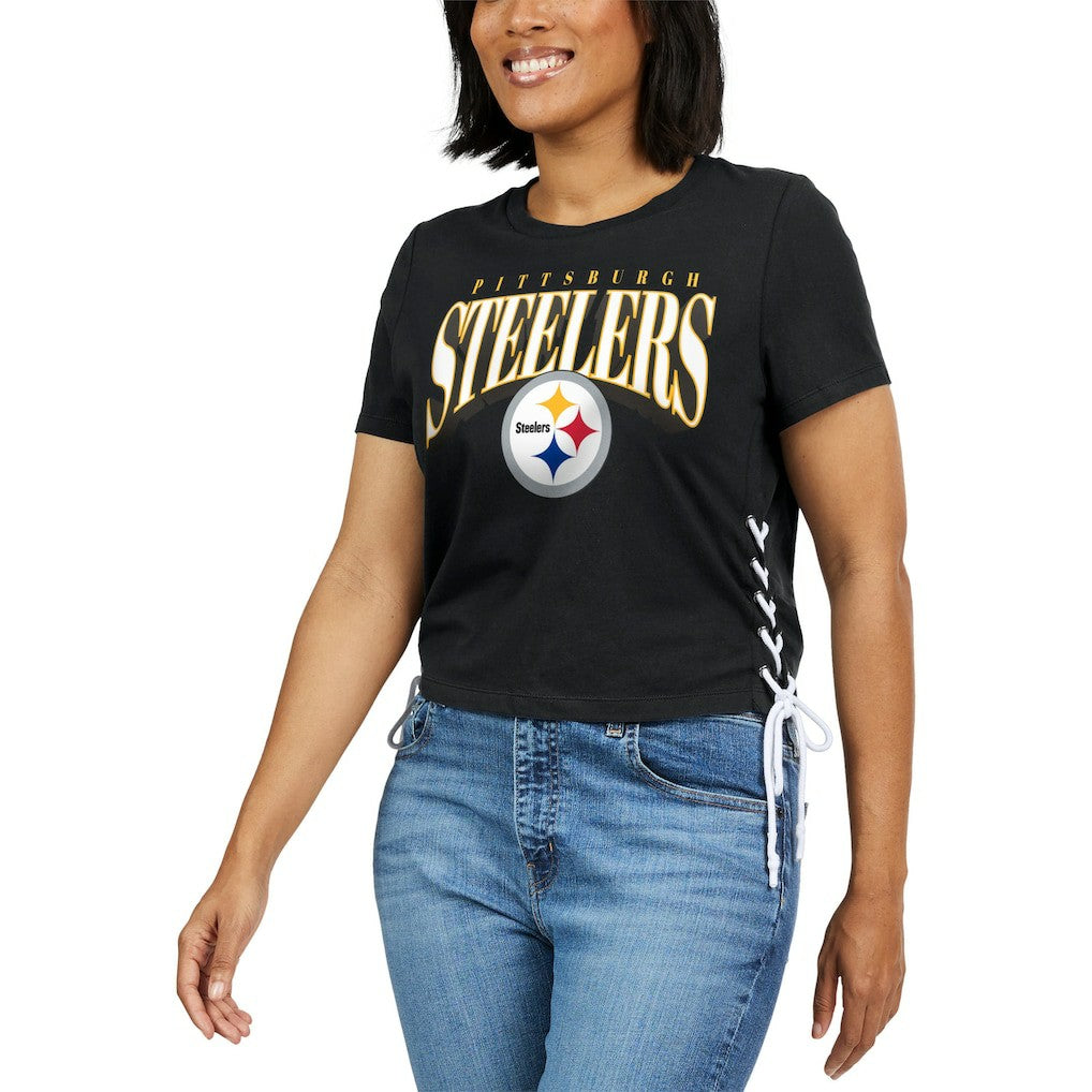 Pittsburgh Steelers WEAR by Erin Andrews Women's Lace Up Side Modest Cropped T-Shirt Black - NFL