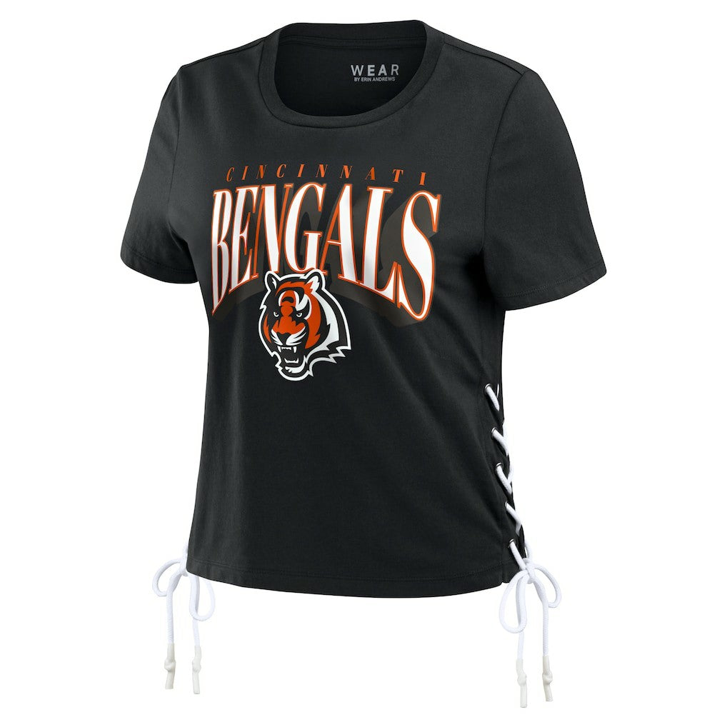 Cincinnati Bengals WEAR by Erin Andrews Women's Lace Up Side Modest Cropped T-Shirt Black - NFL
