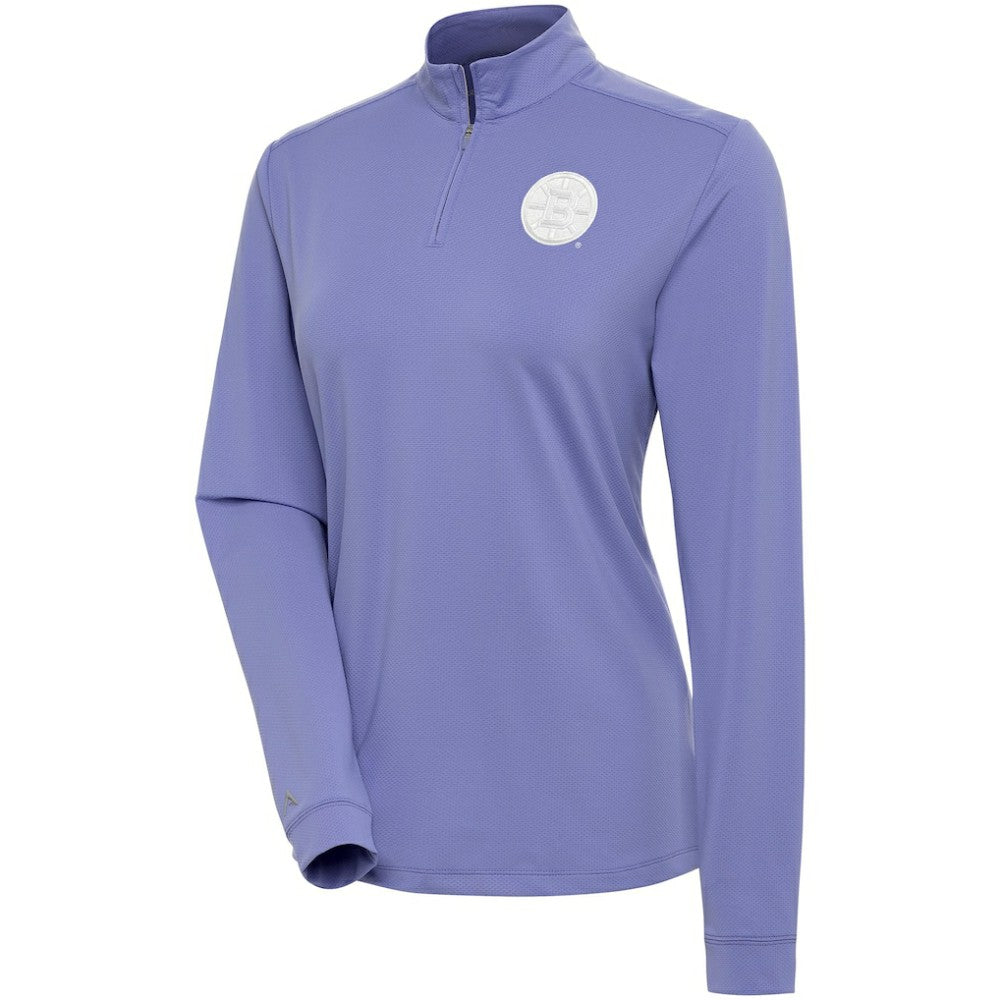 Boston Bruins Antigua Women's White Logo Finish Quarter-Zip Top Heather Purple