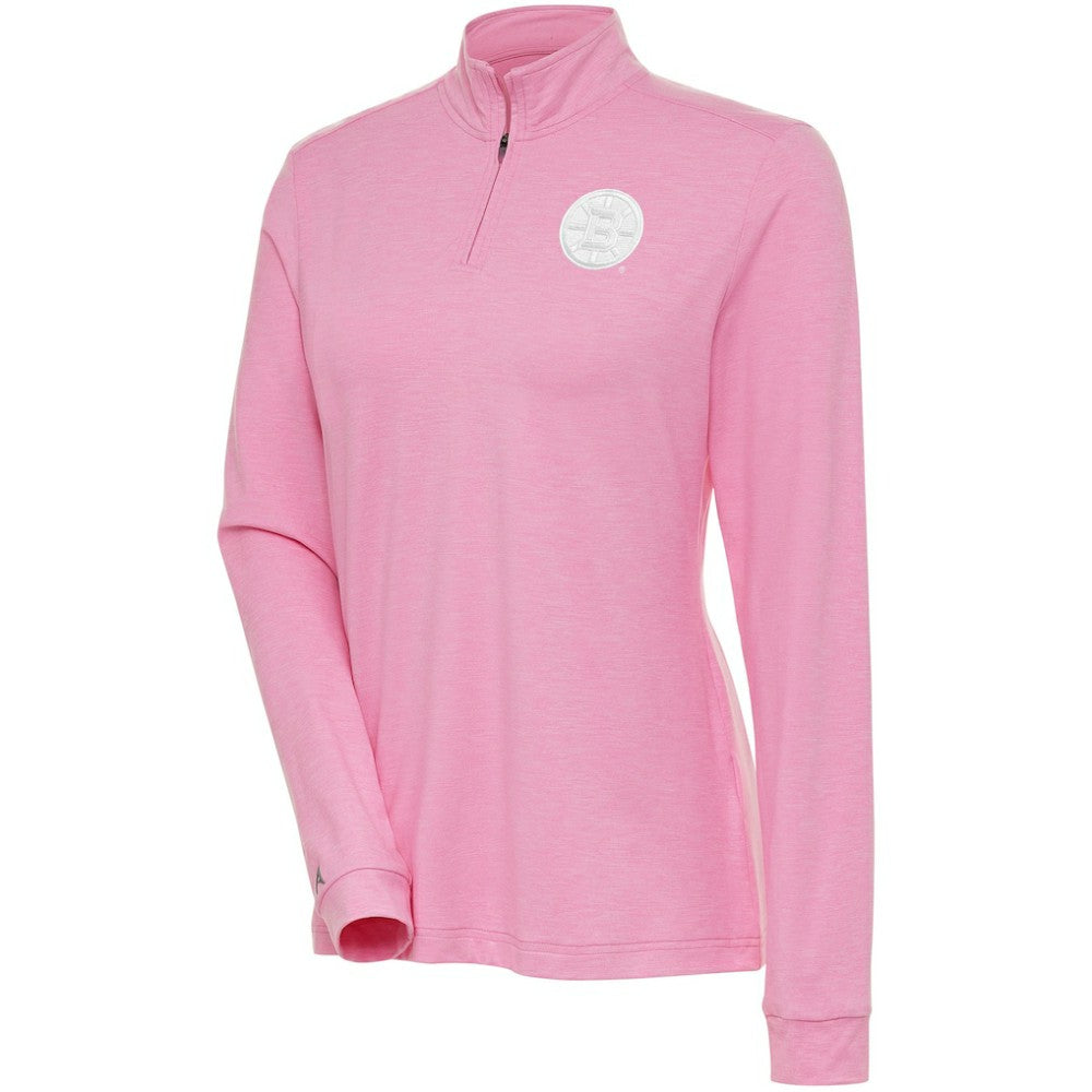 Boston Bruins Antigua Women's White Logo Mentor Quarter-Zip Jacket Pink