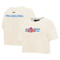 NBA - Philadelphia 76ers Pro Standard Women's Retro Striper SJ Cropped Boxy T-Shirt - Cream