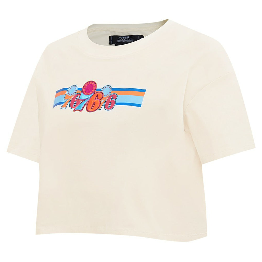 NBA - Philadelphia 76ers Pro Standard Women's Retro Striper SJ Cropped Boxy T-Shirt - Cream