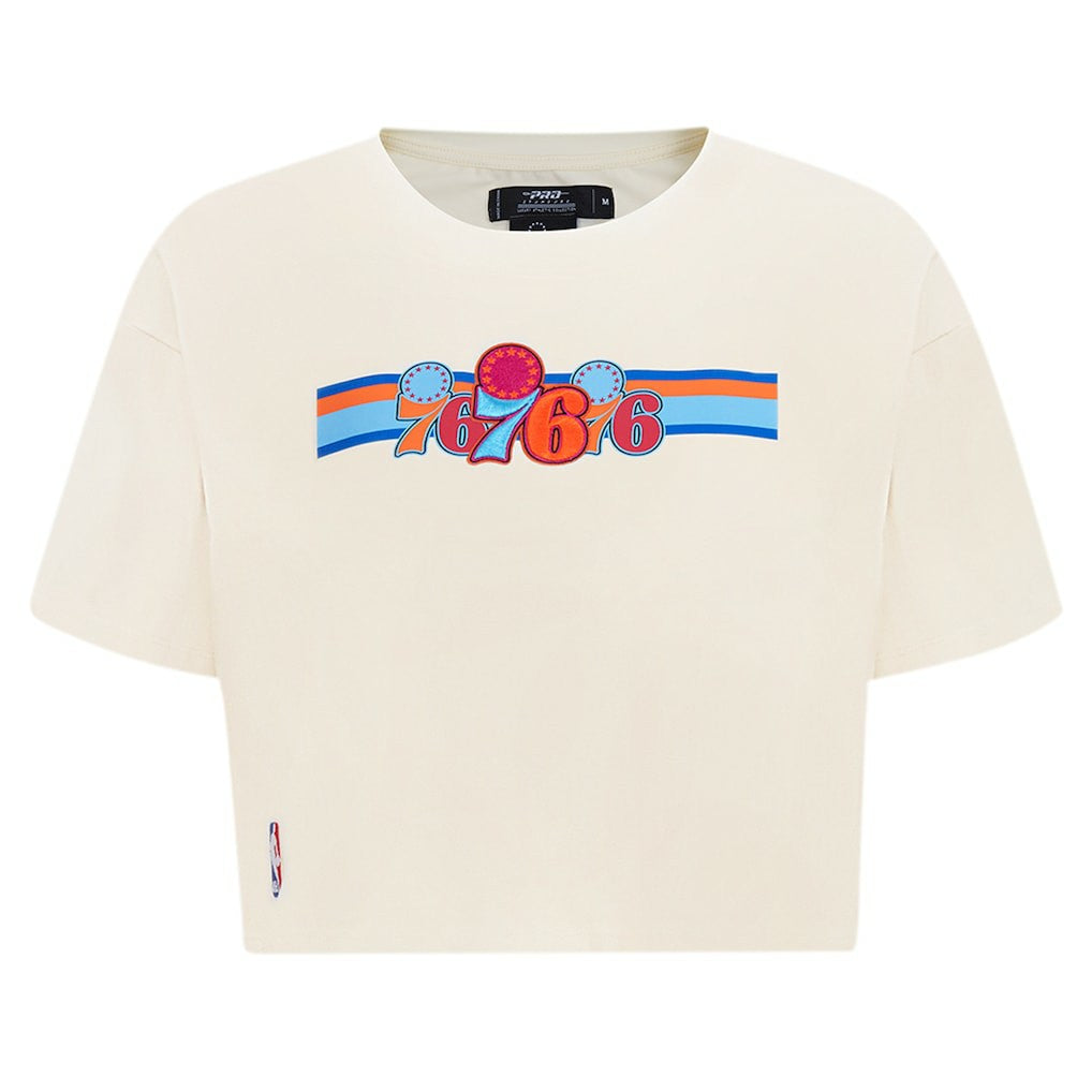 NBA - Philadelphia 76ers Pro Standard Women's Retro Striper SJ Cropped Boxy T-Shirt - Cream