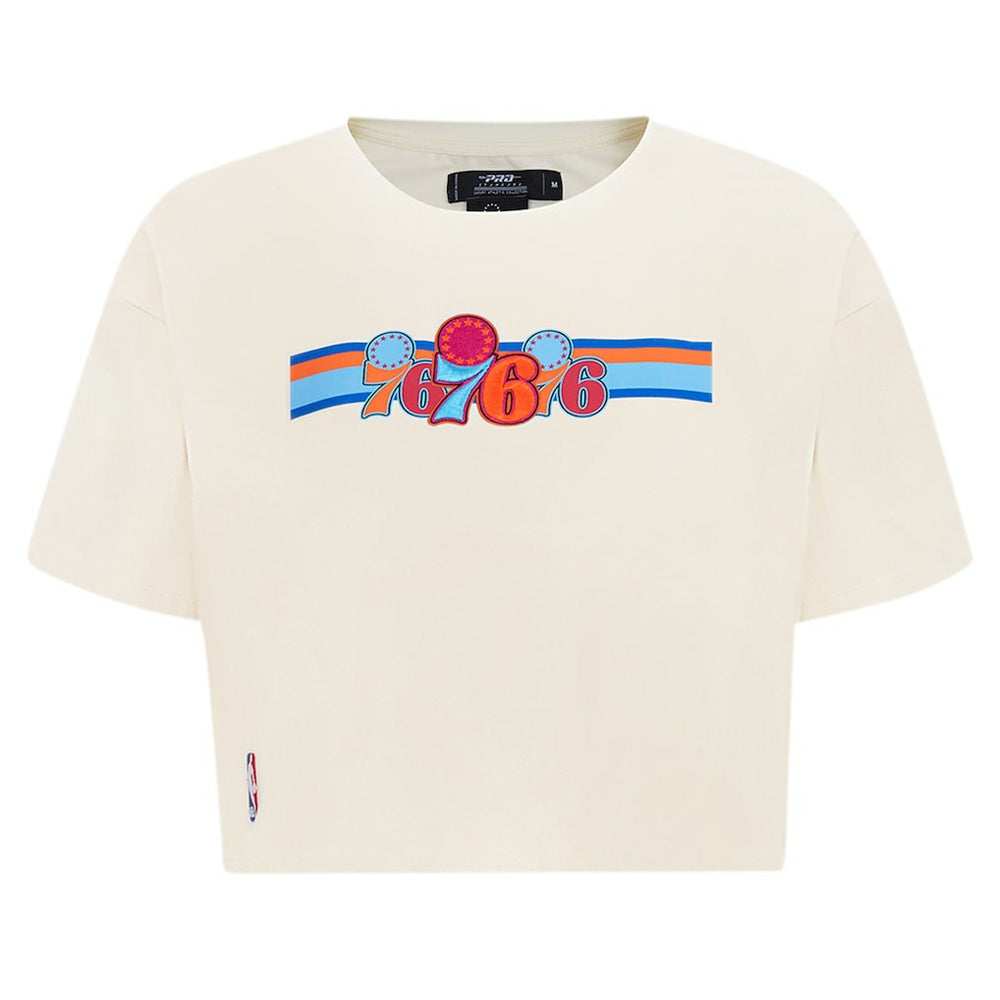 NBA - Philadelphia 76ers Pro Standard Women's Retro Striper SJ Cropped Boxy T-Shirt - Cream