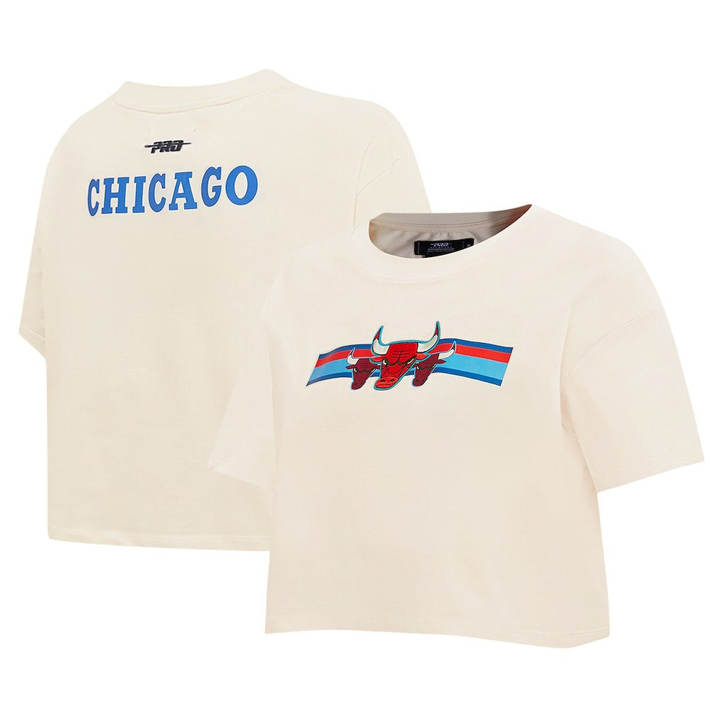 NBA - Chicago Bulls Pro Standard Women's Retro Striper SJ Cropped Boxy T-Shirt - Cream