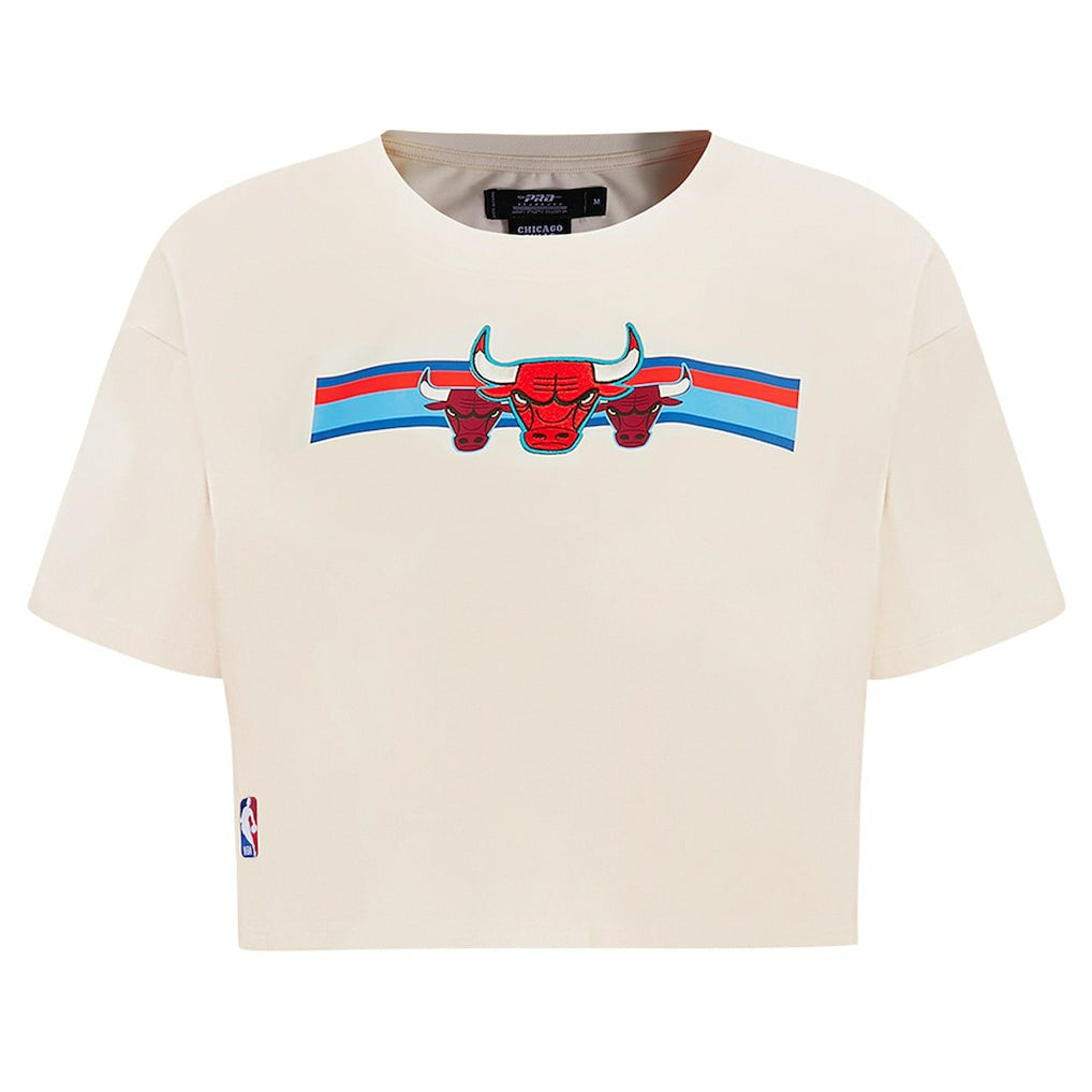 NBA - Chicago Bulls Pro Standard Women's Retro Striper SJ Cropped Boxy T-Shirt - Cream